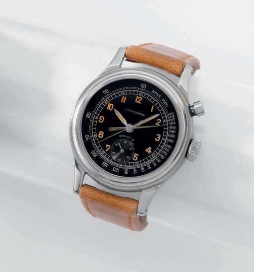 Longines. A rare and unusual stainless steel single button fly back chronograph wristwatch with black military dial and central register