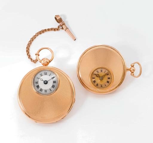 Boubon Bailly. A lot of two 18K gold half hunter case cylinder watches with eccentric dials