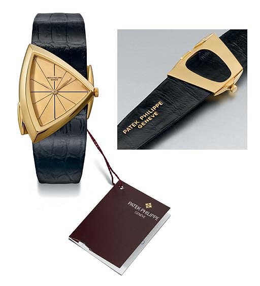 Patek Philippe. An extremely fine and rare 18K gold asymmetrical wristwatch with champagne dial
