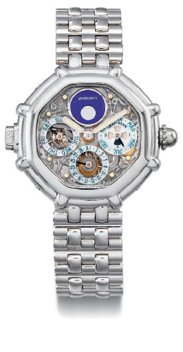 Gerald Genta. A very fine and rare platinum and mother-of-pearl octagonal self-winding water-resistant skeletonized minute repeating perpetual calendar wristwatch with phases of the moon and bracelet