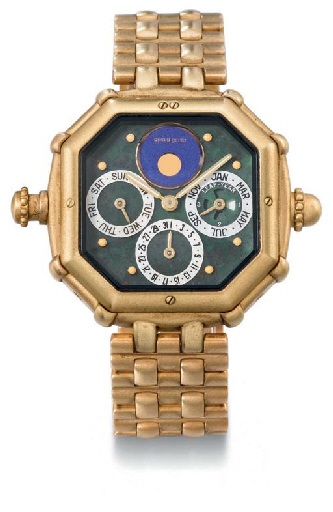 Gerald Genta. A very fine and rare 18K gold, bloodstone and mother-of-pearl octagonal self-winding minute repeating perpetual calendar wristwatch with phases of the moon and bracelet