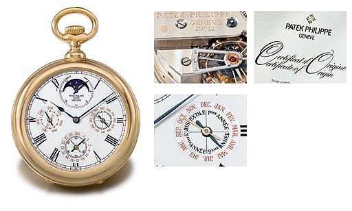 Patek Philippe. An extremely fine and rare 18K gold openface perpetual calendar keyless lever watch with up and down indicator, phases of the moon, Guillaume balance, one minute tourbillon and Bulletin d'Observatoire