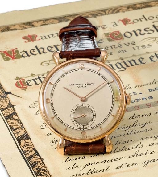 Vacheron Constantin. A fine and large 18K pink gold wristwatch with two-tone gilt dial, original certificate and box