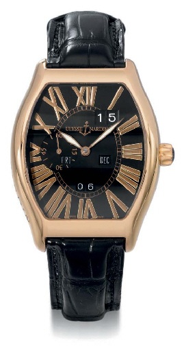 Ulysse Nardin. A fine and large 18K pink gold tonneau-shaped self-winding water-resistant perpetual calendar wristwatch with black dial