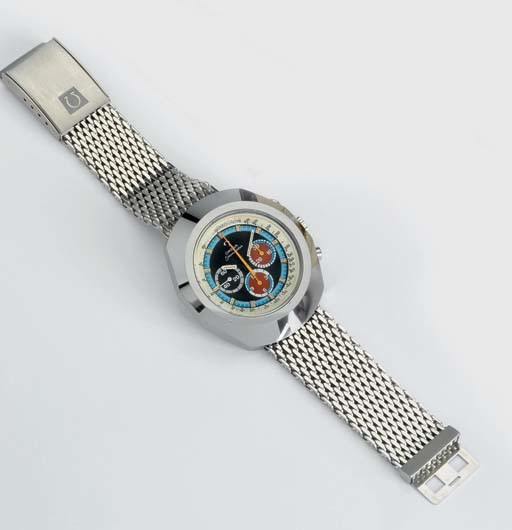 Omega. An unusual and large stainless steel tonneau-shaped water-resistant chronograph wristwatch with bracelet