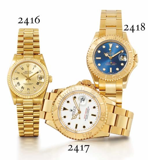 ROLEX. A MID-SIZE 18K GOLD AUTOMATIC WRISTWATCH WITH CENTRE SECONDS, DATE AND BRACELET