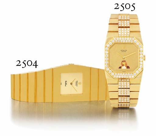 ROLEX. AN 18K GOLD LEFT-HANDED PENTAGONAL WRISTWATCH WITH BRACELET