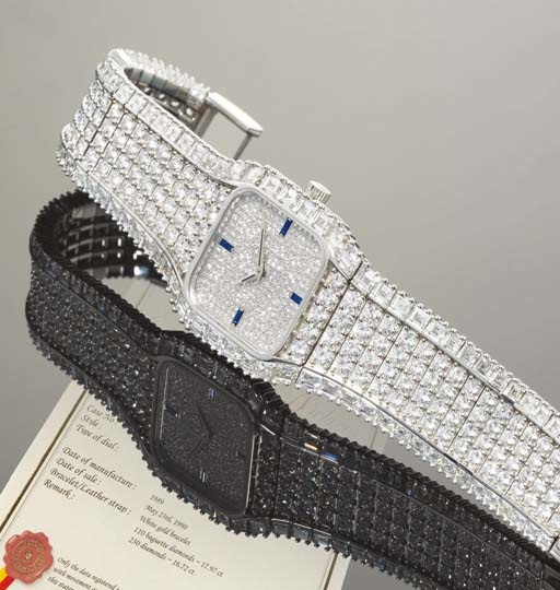 PATEK PHILIPPE. A SUPERB 18K WHITE GOLD, DIAMOND AND SAPPHIRE-SET SQUARE WRISTWATCH WITH BRACELET