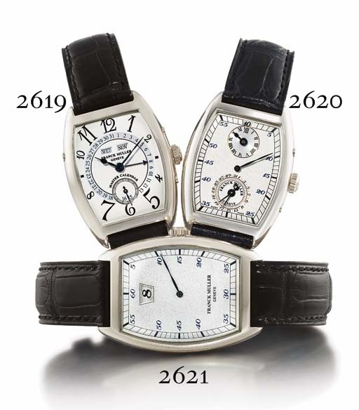 FRANCK MULLER. A FINE AND VERY RARE LIMITED EDITION PLATINUM TONNEAU-SHAPED DUAL TIME ZONE JUMP HOUR WRISTWATCH WITH DATE