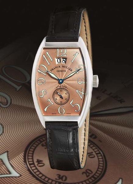 FRANCK MULLER. A FINE AND RARE LIMITED EDITION PLATINUM TONNEAU-SHAPED AUTOMATIC WRISTWATCH WITH DATE