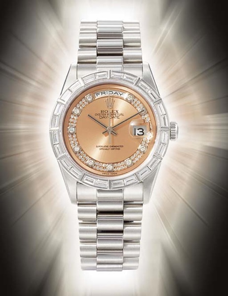 ROLEX. AN EXTREMELY FINE AND RARE PLATINUM AND DIAMOND-SET AUTOMATIC CENTRE SECONDS WRISTWATCH WITH DATE, BRACELET AND BRUSHED SALMON DIAL