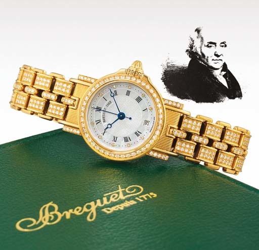 BREGUET. A LADY'S 18K GOLD AND DIAMOND-SET AUTOMATIC CENTRE SECONDS WRISTWATCH WITH DATE, BRACELET AND MOTHER-OF-PEARL DIAL