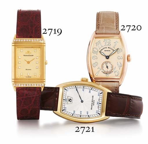 FRANCK MULLER. AN 18K GOLD TONNEAU-SHAPED JUMP HOUR WRISTWATCH