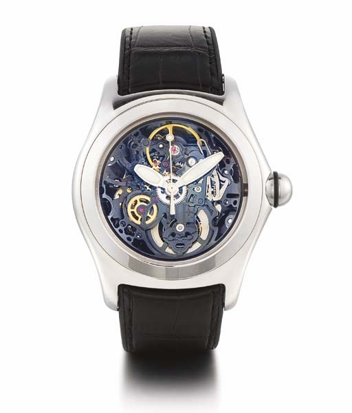 CORUM. A STAINLESS STEEL SKELETONISED TONNEAU-SHAPED AUTOMATIC WRISTWATCH WITH CENTRE SECONDS