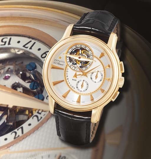 ZENITH. A FINE LIMITED EDITION OVERSIZED 18K PINK GOLD AUTOMATIC TOURBILLON CHRONOGRAPH WRISTWATCH WITH DATE