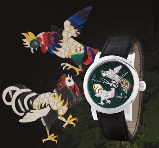 CORUM. A VERY RARE LIMITED EDITION 18K WHITE GOLD AND DIAMOND-SET AUTOMATIC WRISTWATCH WITH CENTRE SECONDS AND GREEN ENAMEL DIAL WITH ROOSTER SCENE