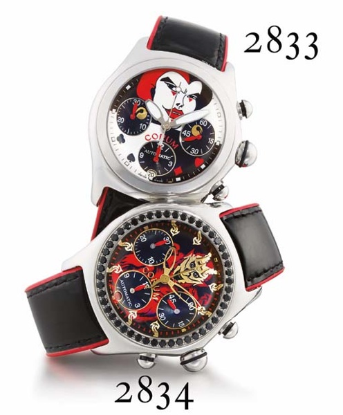 CORUM. A RARE SPECIAL EDITION STAINLESS STEEL AND BLACK DIAMOND-SET TONNEAU-SHAPED CHRONOGRAPH WRISTWATCH WITH DATE