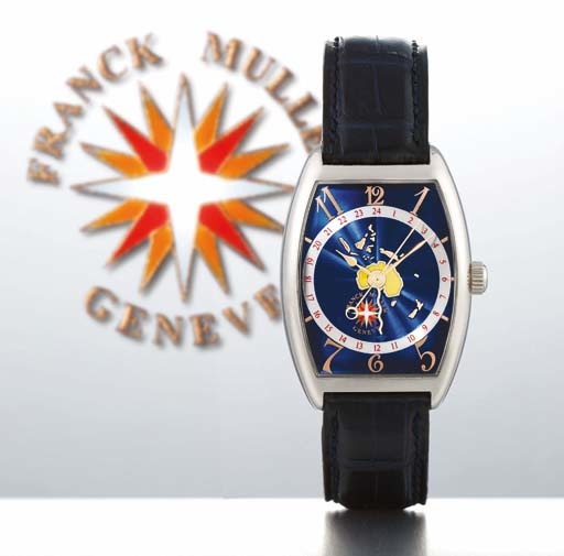 FRANCK MULLER. AN 18K WHITE GOLD TONNEAU-SHAPED AUTOMATIC WRISTWATCH WITH CENTRE SECONDS, DATE AND BLUE GUILLOCH