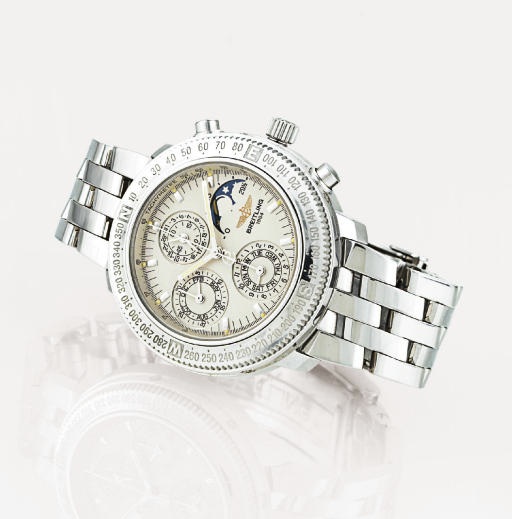 BREITLING. A FINE 18K WHITE GOLD AUTOMATIC TRIPLE CALENDAR CHRONOGRAPH WRISTWATCH WITH MOON PHASES AND BRACELET