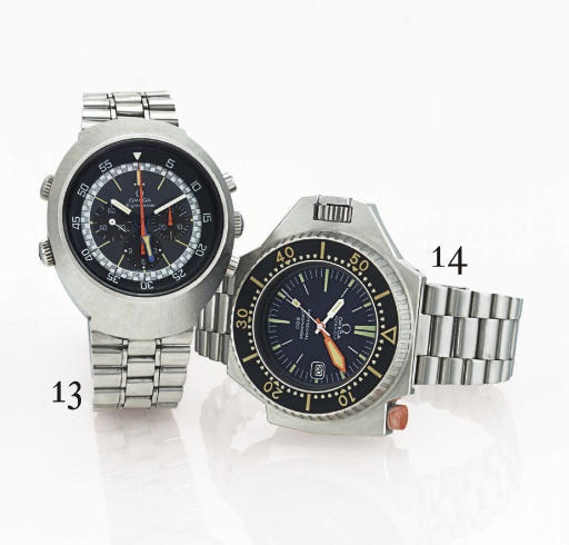 OMEGA. AN UNUSUAL LARGE STAINLESS STEEL TONNEAU DUAL TIME AVIATOR'S CHRONOGRAPH WRISTWATCH WITH BRACELET