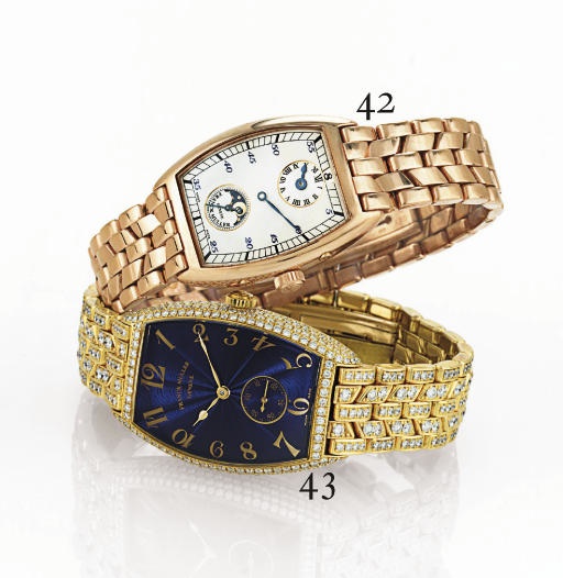 FRANCK MULLER. A FINE 18K PINK GOLD TONNEAU DUAL TIME DOUBLE JUMP HOUR WRISTWATCH WITH MOON PHASES AND BRACELET