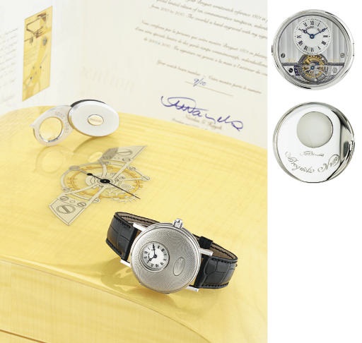 BREGUET. A FINE AND EXTREMELY RARE LIMITED EDITION PLATINUM HALF-HUNTER CASE TOURBILLON WRISTWATCH