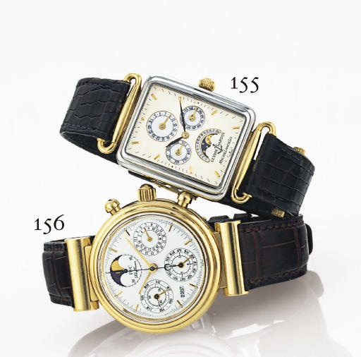 ULYSSE NARDIN. A STAINLESS STEEL, GOLD AND MOTHER-OF-PEARL RECTANGULAR AUTOMATIC TRIPLE CALENDAR WRISTWATCH WITH MOON PHASES