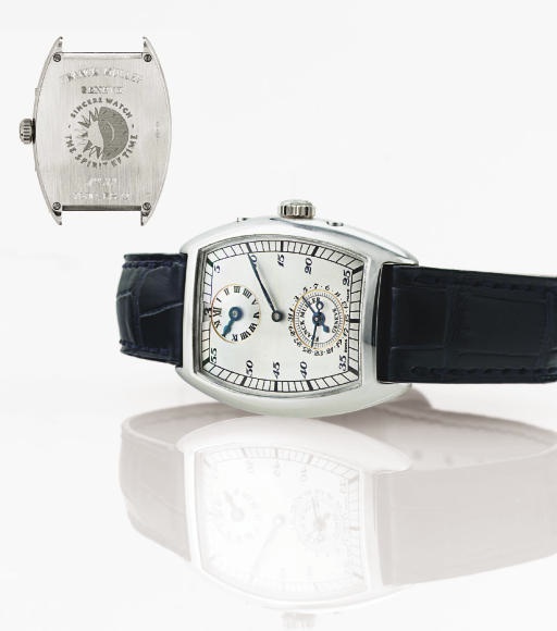 FRANCK MULLER. A FINE LIMITED EDITION PLATINUM TONNEAU DUAL TIME JUMP HOUR WRISTWATCH WITH DATE