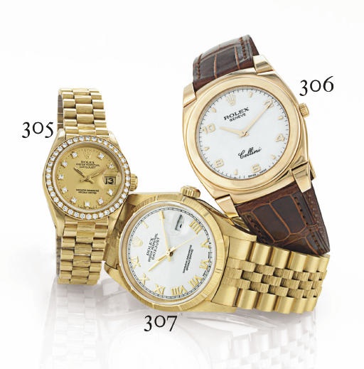 ROLEX. A LADY'S 18K GOLD AND DIAMOND AUTOMATIC WRISTWATCH WITH DATE AND BRACELET