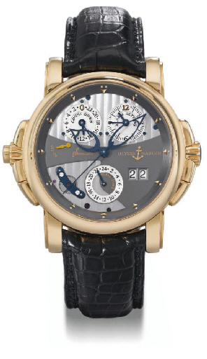 Ulysse Nardin. An unusual and large 18K pink gold self-winding dual time wristwatch with sweep centre seconds, date, countdown indicator and musical alarm