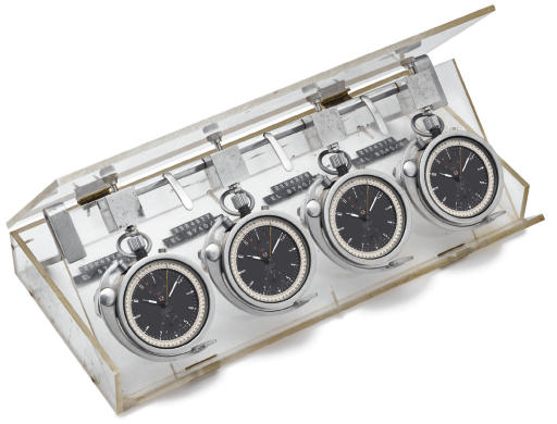 Omega. A lot of four stainless steel openface split seconds chronograph keyless lever watches in plexiglass case