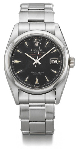 Rolex. A fine and unusual stainless steel self-winding water-resistant wristwatch with sweep centre seconds, date, bracelet and black dial