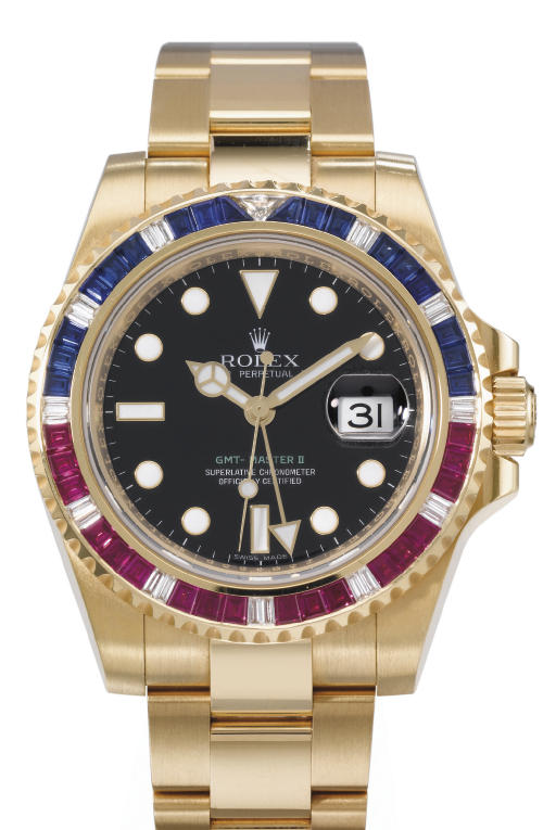 Rolex. A fine and rare 18K gold, diamond, sapphire and ruby-set self-winding water-resistant dual time wristwatch with sweep centre seconds, date and bracelet