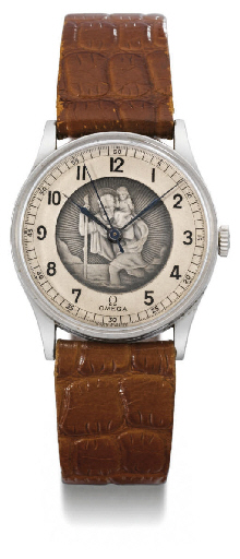 Omega. An unusual and rare stainless steel wristwatch with sweep centre seconds and Saint Christopher dial