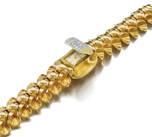 Patek Philippe. A very fine and unusual 18K gold, platinum and diamond-set bracelet watch with concealed dial