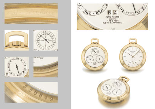Patek Philippe. An extremely important and one of only two known 18K gold double-dialled keyless lever watch with secular true perpetual calendar and year indication, made for Seth B. Atwood