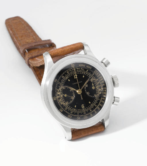 Longines. A very fine and rare stainless steel water-resistant chronograph wristwatch with black dial