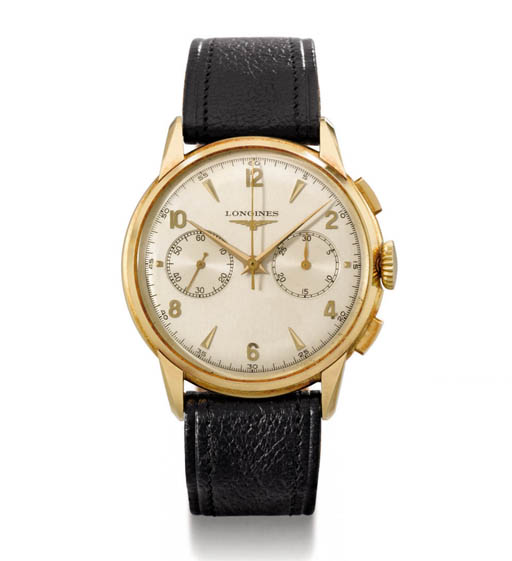 Longines. A large 18K gold chronograph wristwatch