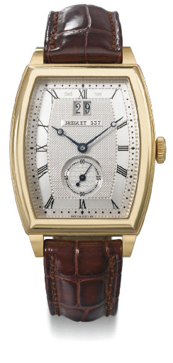Breguet. A fine and large 18K gold tonneau-shaped self-winding wristwatch with date