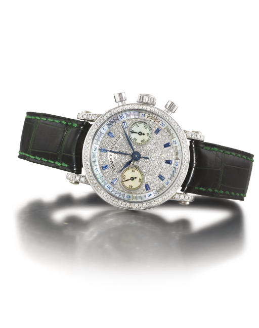 FRANCK MULLER. AN ELEGANT LADY'S 18K WHITE GOLD AND DIAMOND-SET CHRONOGRAPH WRISTWATCH WITH MOTHER-OF-PEARL DIAL