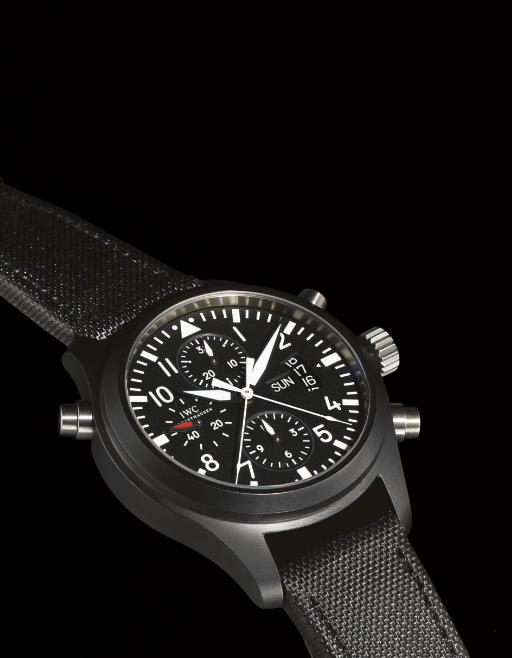 IWC. A LIMITED EDITION BLACK CERAMIC AUTOMATIC PILOT'S SPLIT SECONDS CHRONOGRAPH WRISTWATCH WITH DAY AND DATE