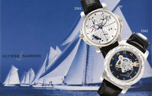 ULYSEE NARDIN. A FINE AND UNUSUAL 18K WHITE GOLD CARROUSEL TOURBILLON WRISTWATCH WITH DUAL DIRECT ESCAPEMENT AND 7-DAY POWER RESERVE