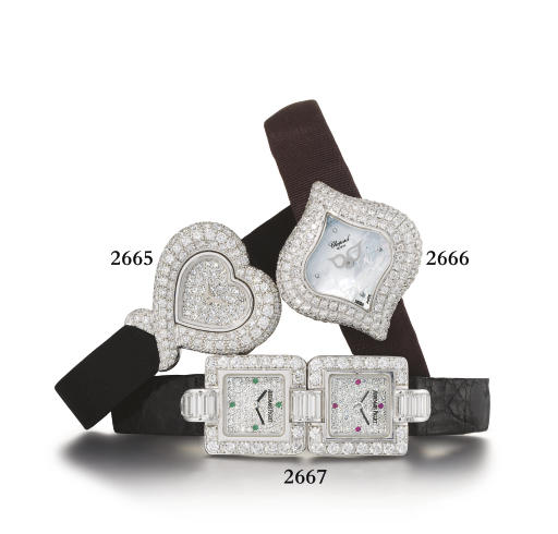 CHOPARD. A LADY'S 18K WHITE GOLD AND DIAMOND-SET NAVETTE-SHAPED WRISTWATCH WITH MOTHER-OF-PEARL DIAL