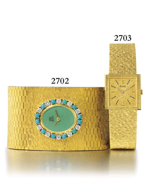 MILNER. AN UNUSUAL LADY'S 18K GOLD, DIAMOND AND TURQUOISE-SET WRISTWATCH WITH BRACELET