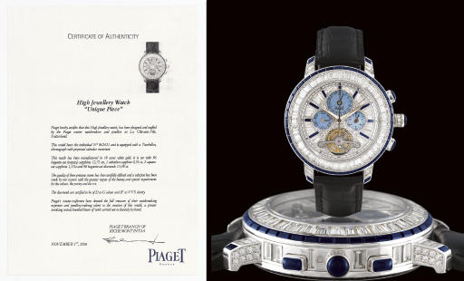 PIAGET. A MAGNIFICENT AND UNIQUE 18K WHITE GOLD, DIAMOND AND SAPPHIRE-SET PERPETUAL CALENDAR TOURBILLON CHRONOGRAPH WRISTWATCH