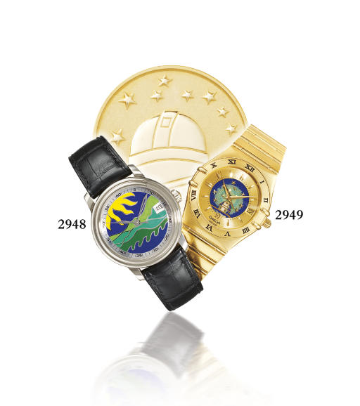 OMEGA. A RARE LIMITED EDITION 18K GOLD AUTOMATIC WRISTWATCH WITH BRACELET AND CLOISONN