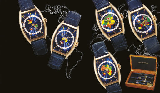 FRANCK MULLER. A VERY RARE, FINE AND AUSPICIOUS SET OF FIVE 18K PINK GOLD AUTOMATIC TWO TIME ZONE CENTRE SECONDS WRISTWATCHES EACH WITH SPECIAL ENAMEL DIALS REPRESENTING CONTINENTS OF THE WORLD