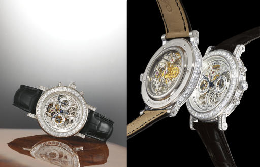 BREGUET. AN EXTREMELY FINE 18K WHITE GOLD AND DIAMOND-SET SEKELTONISED CHRONOGRAPH WRISTWATCH