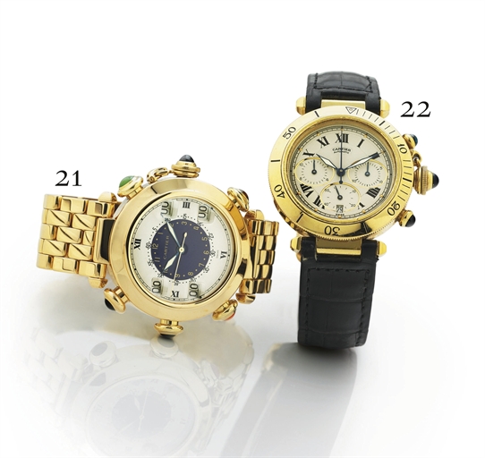 CARTIER. A RARE AND UNUSUAL 18K GOLD AND GEM-SET WRISTWATCH WITH CENTER SECONDS, COUNTERS AND BRACELET