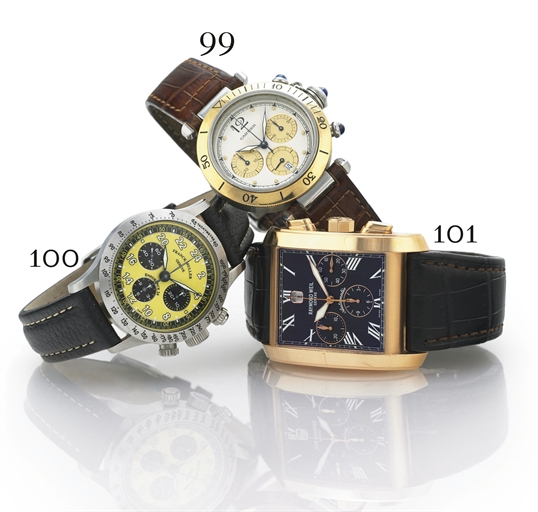 CARTIER. A STAINLESS STEEL AND 18K GOLD CHRONOGRAPH WRISTWATCH WITH DATE
